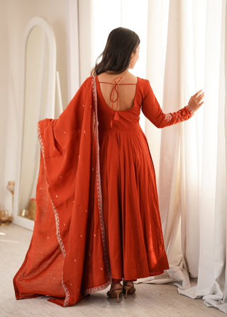 Rust Roman Chanderi Anarkali Pant Set ClothsVilla