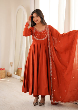 Rust Roman Chanderi Anarkali Pant Set ClothsVilla