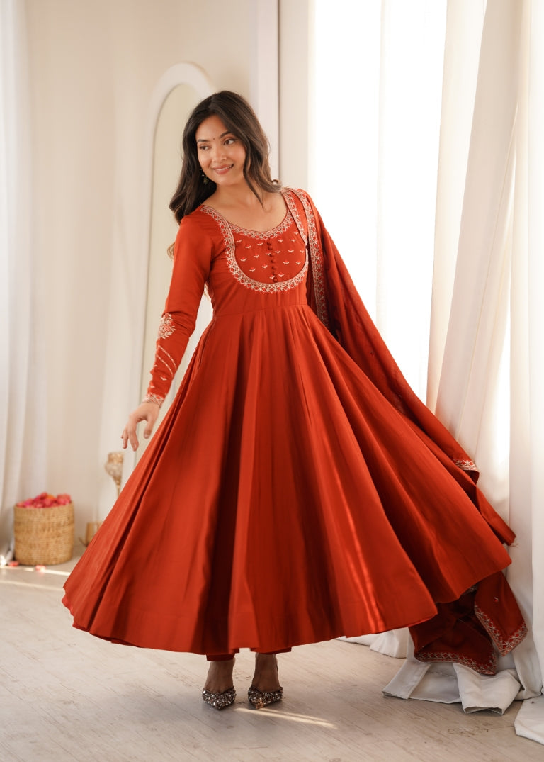 Rust Roman Chanderi Anarkali Pant Set ClothsVilla