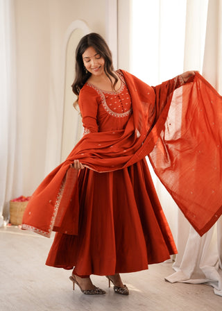 Rust Roman Chanderi Anarkali Pant Set ClothsVilla