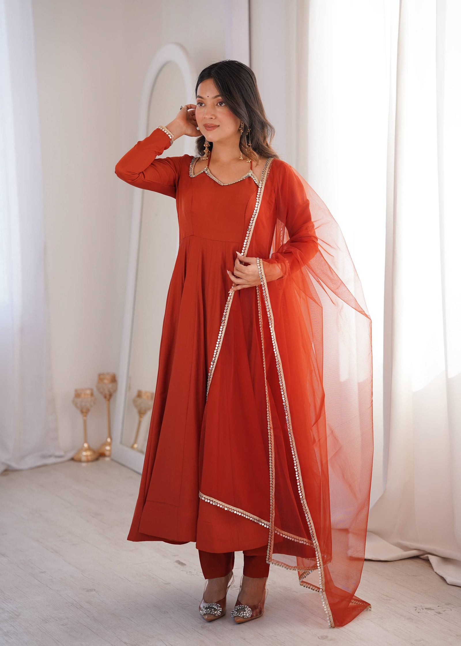Rust Silk Chanderi Anarkali Gown ClothsVilla