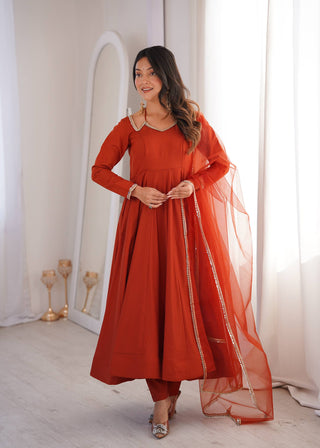 Rust Silk Chanderi Anarkali Gown ClothsVilla