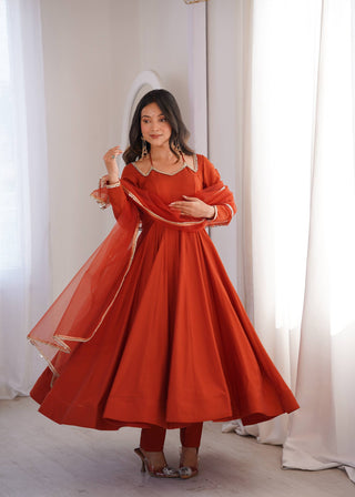 Rust Silk Chanderi Anarkali Gown ClothsVilla