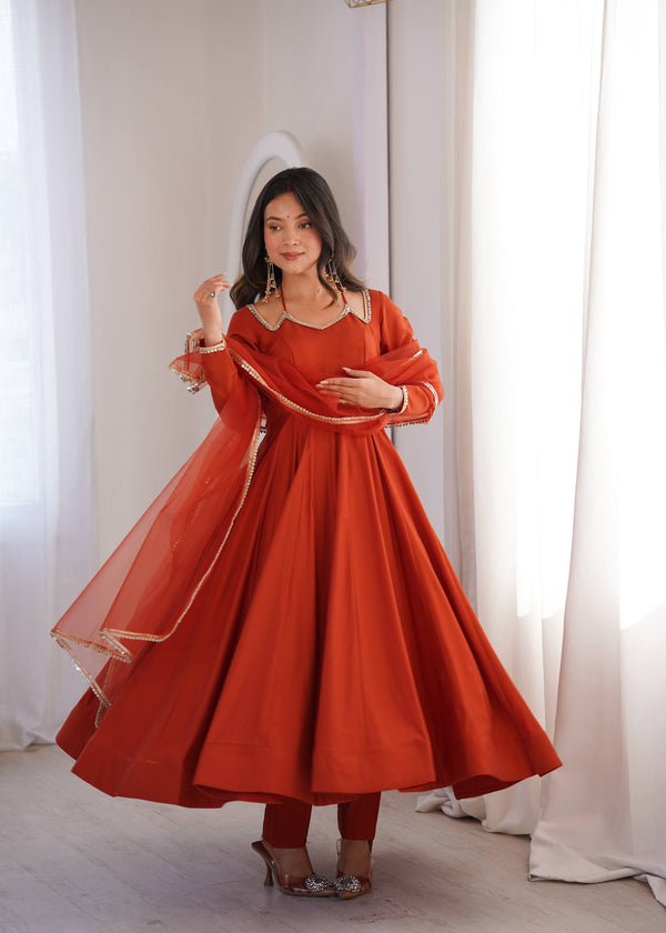 Rust Silk Chanderi Anarkali Gown ClothsVilla