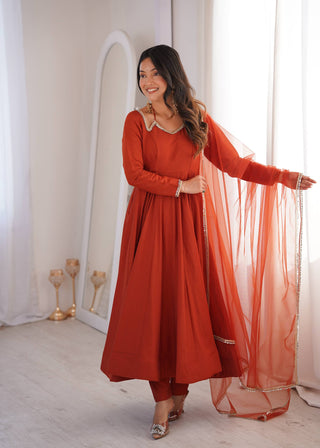 Rust Silk Chanderi Anarkali Gown ClothsVilla
