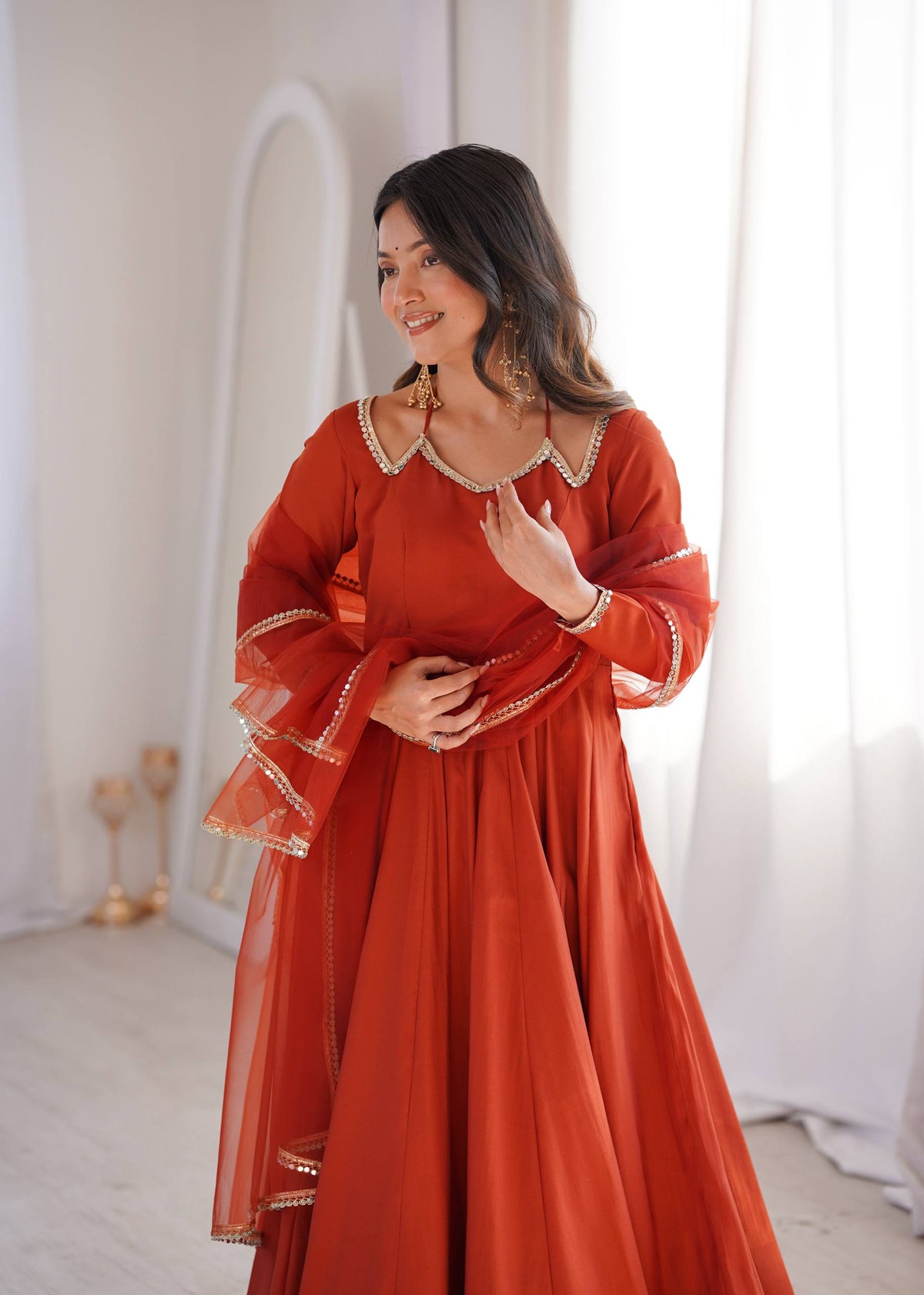 Rust Silk Chanderi Anarkali Gown ClothsVilla