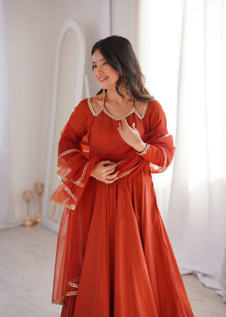 Rust Silk Chanderi Anarkali Gown ClothsVilla