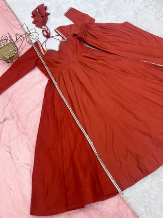 Rust Silk Chanderi Anarkali Gown ClothsVilla
