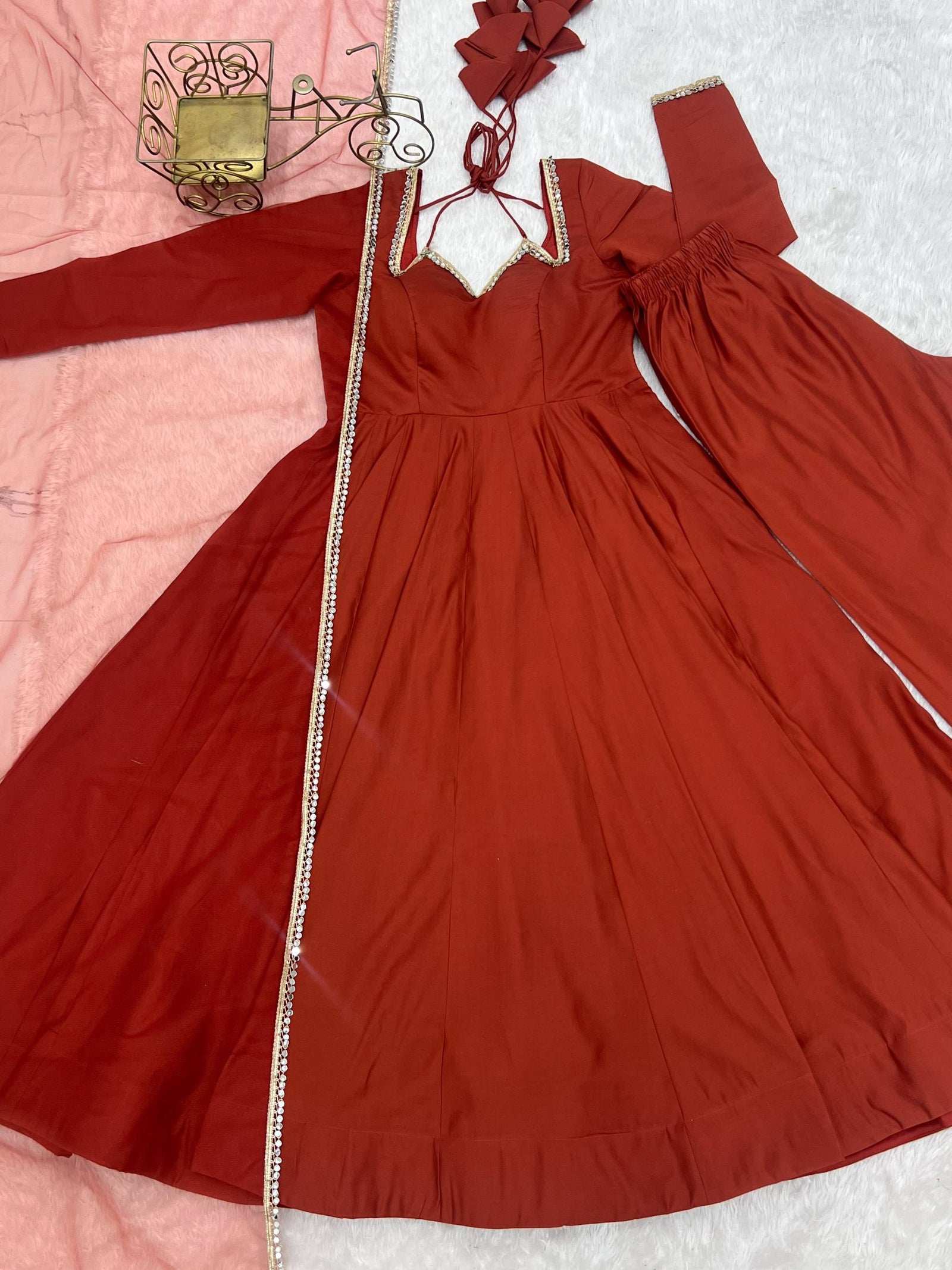 Rust Silk Chanderi Anarkali Gown ClothsVilla