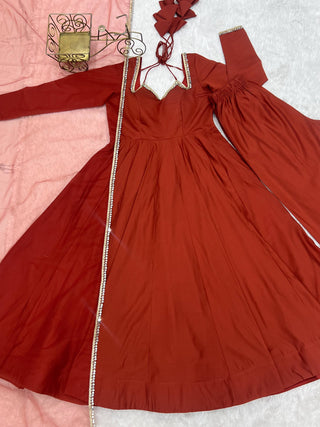 Rust Silk Chanderi Anarkali Gown ClothsVilla