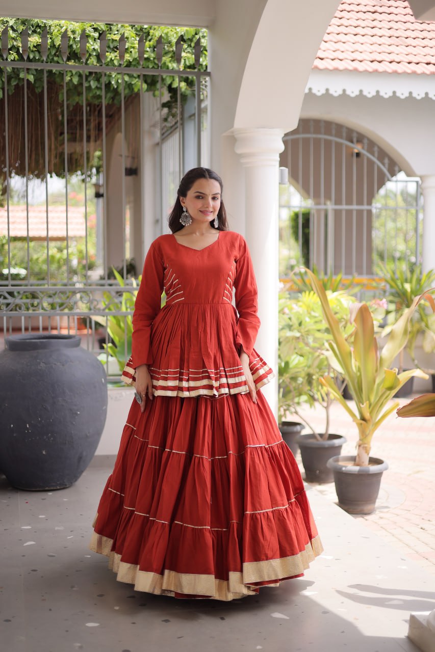 Rust Traditional Cora Cotton Lehenga Set ClothsVilla