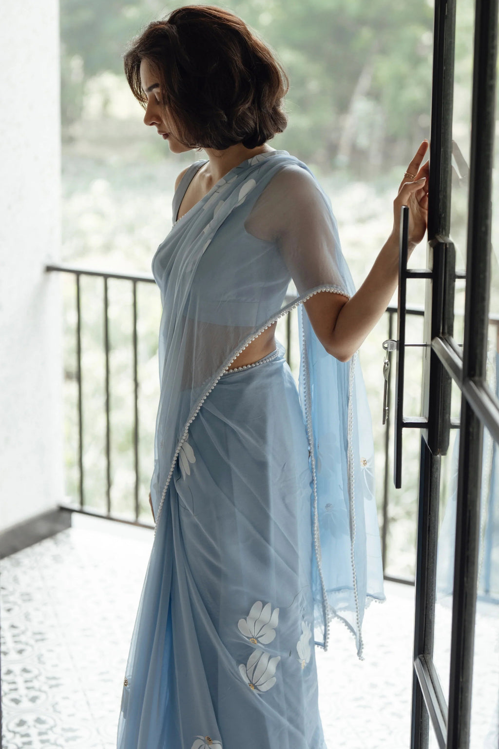 Sky Blue Pure Georgette Hand-Painted Floral Saree with Sequins & Pearl Detailing | Satin Blouse FANCY SAREES