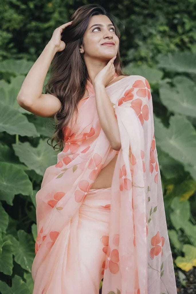 Peach Blossom Hand-Painted Pure Organza Saree with White Sequin Floral Motifs & Modal Satin Blouse FANCY SAREES
