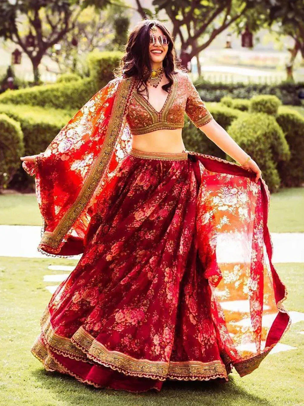 Maroon Floral Printed Organza Bridal Lehenga Choli ClothsVilla