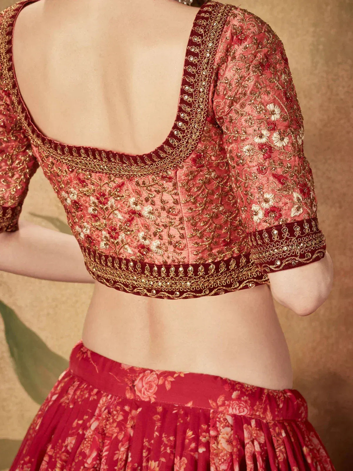 Maroon Floral Printed Organza Bridal Lehenga Choli ClothsVilla