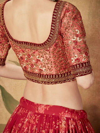 Maroon Floral Printed Organza Bridal Lehenga Choli ClothsVilla
