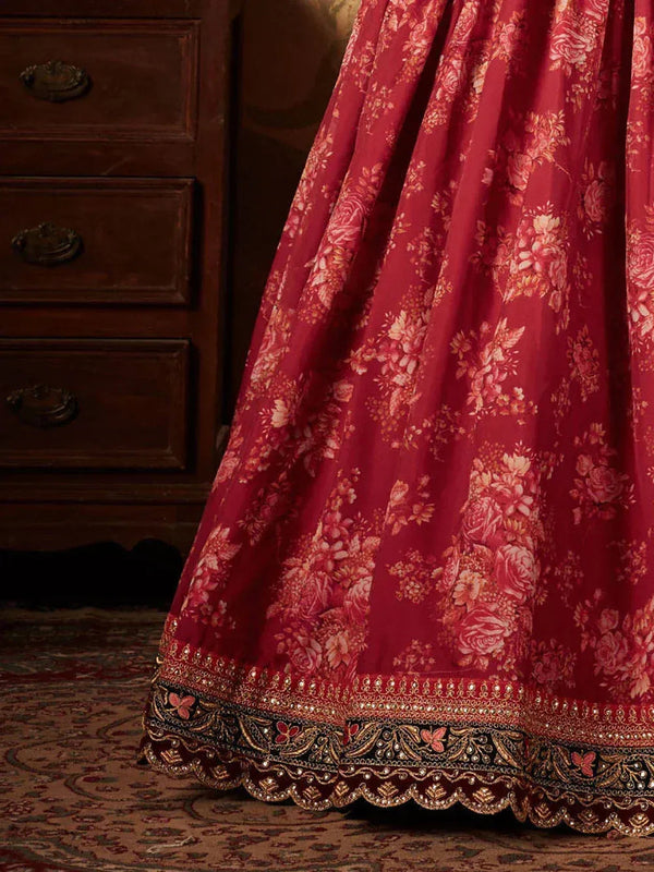 Maroon Floral Printed Organza Bridal Lehenga Choli ClothsVilla