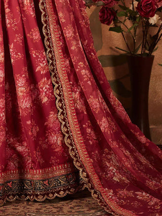 Maroon Floral Printed Organza Bridal Lehenga Choli ClothsVilla