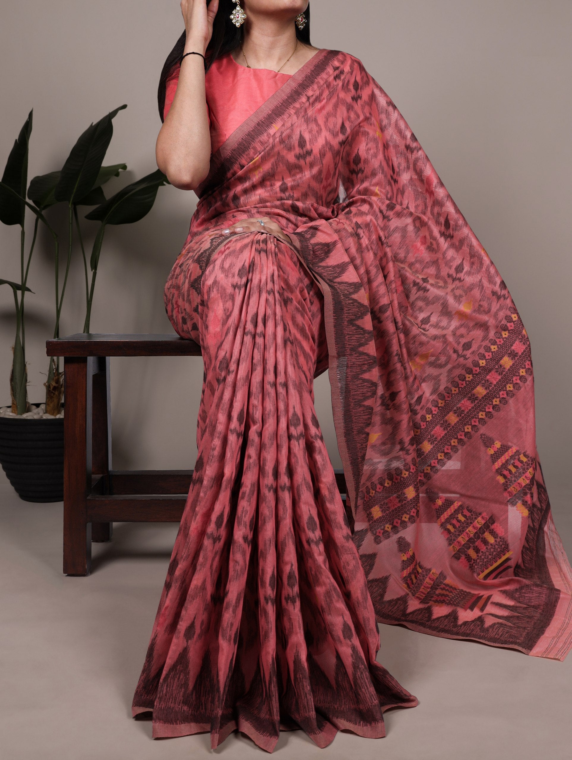 Salmon Classic Poly Cotton Saree with Intricate Thread Weaving Work – Lightweight Everyday & Occasion Wear Unstitched Blouse Included ClothsVilla Main image