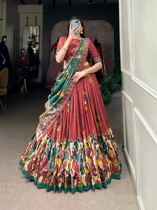 Salmon Color Elegant Kalamkari Tussar Silk Lehenga Set with Foil Work & Gotta Patti Dupatta