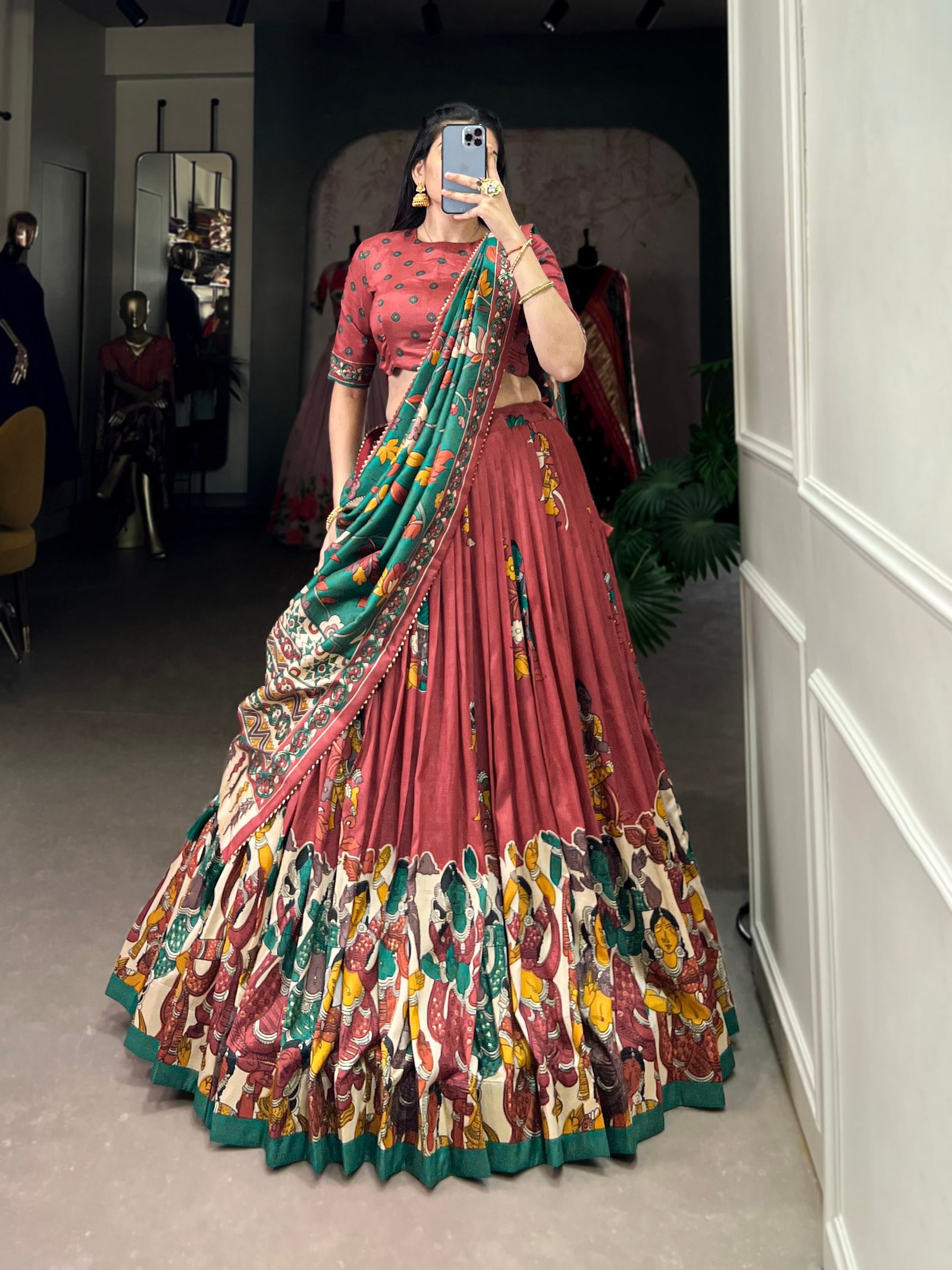 Salmon Color Elegant Kalamkari Tussar Silk Lehenga Set with Foil Work & Gotta Patti Dupatta