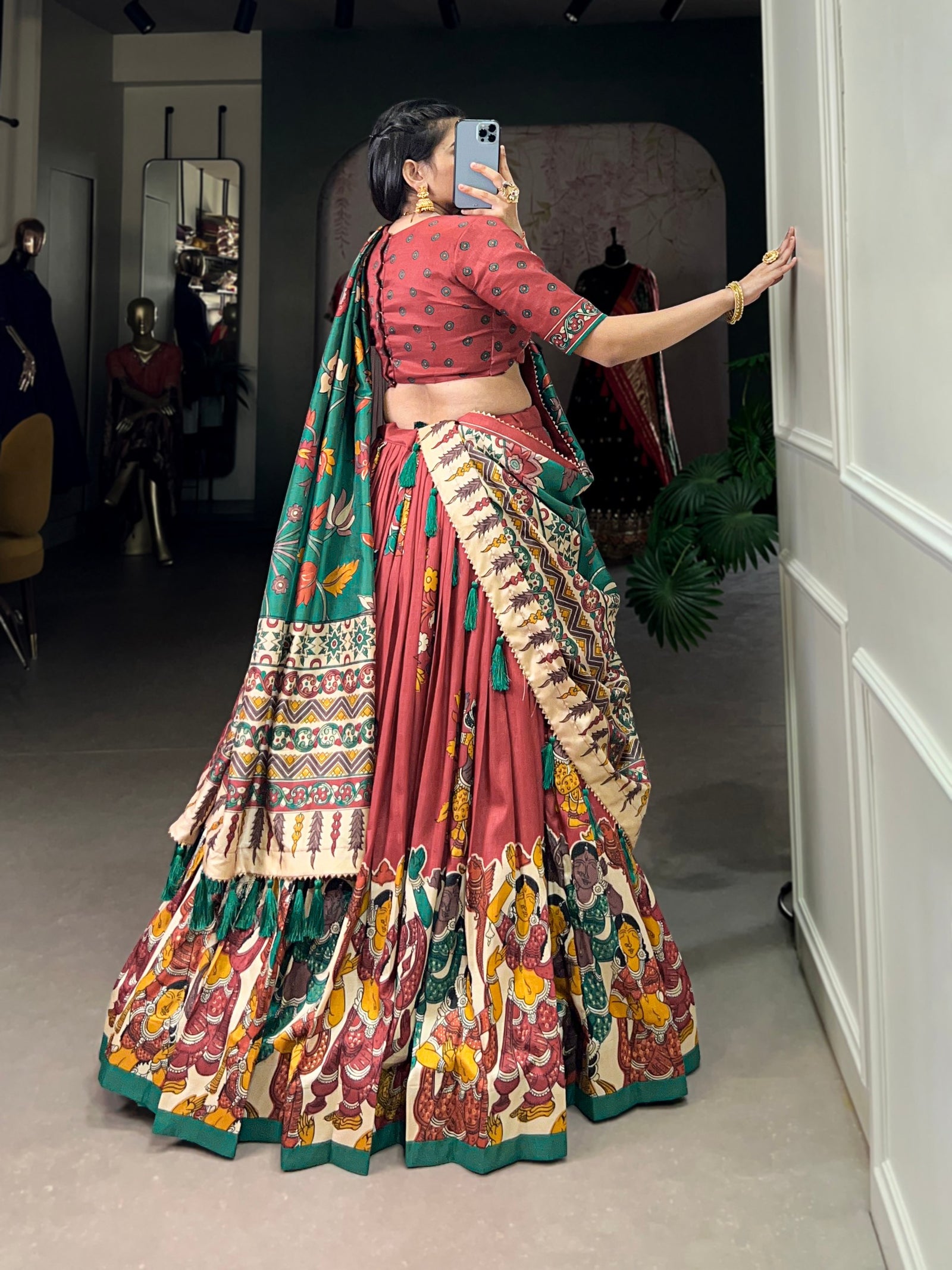 Salmon Color Elegant Kalamkari Tussar Silk Lehenga Set with Foil Work & Gotta Patti Dupatta