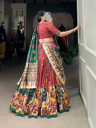 Salmon Color Elegant Kalamkari Tussar Silk Lehenga Set with Foil Work & Gotta Patti Dupatta