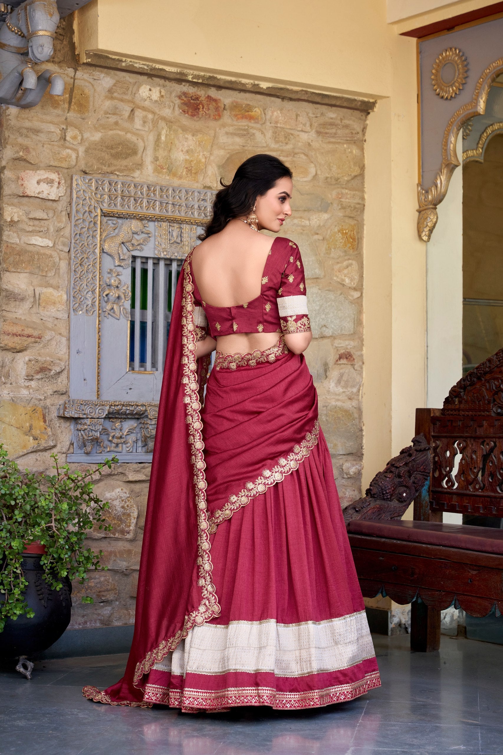 Salmon Premium Vichitra Silk Lehenga Set with Zari & Sequin Detailing – 3-Piece Ensemble Clothsvilla