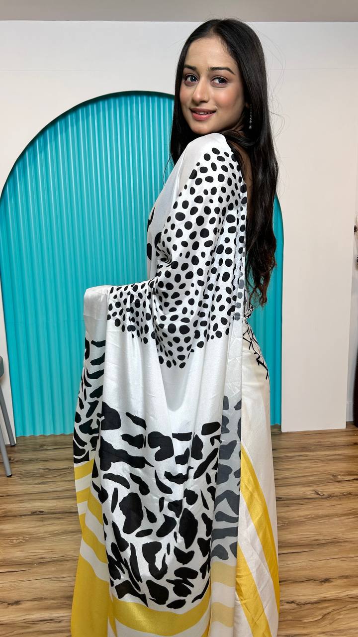 Satin Crepe Silk Digital Print Saree with Unstitched Banglori Silk Blouse ClothsVilla.com