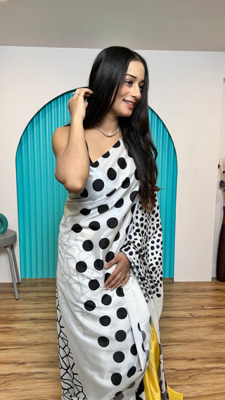 Satin Crepe Silk Digital Print Saree with Unstitched Banglori Silk Blouse ClothsVilla.com