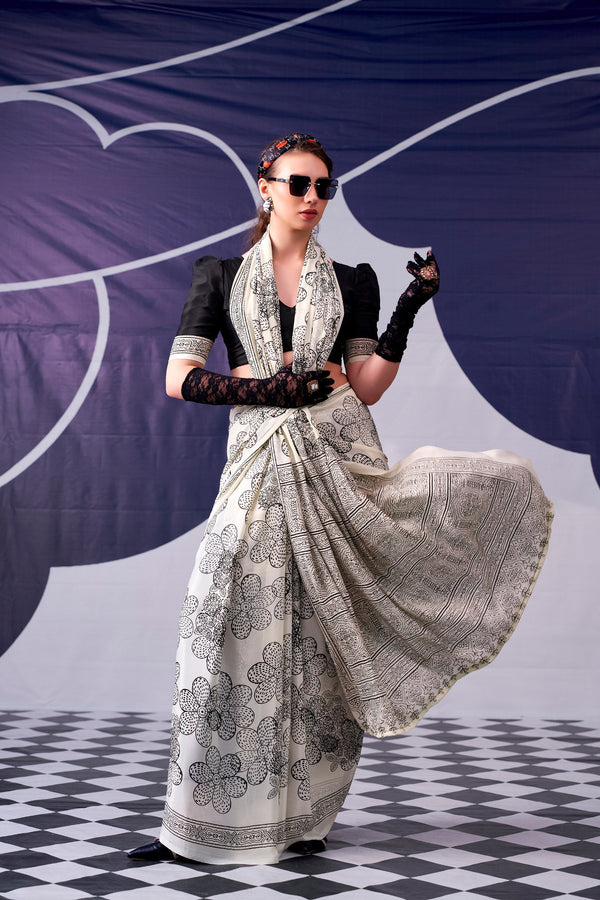 Satin Silk Floral Printed Saree ClothsVilla