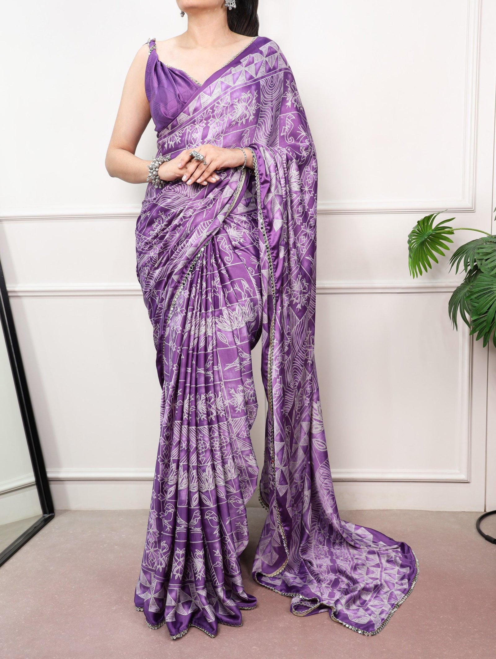Satin Silk Saree with Mirror Lace Border ClothsVilla