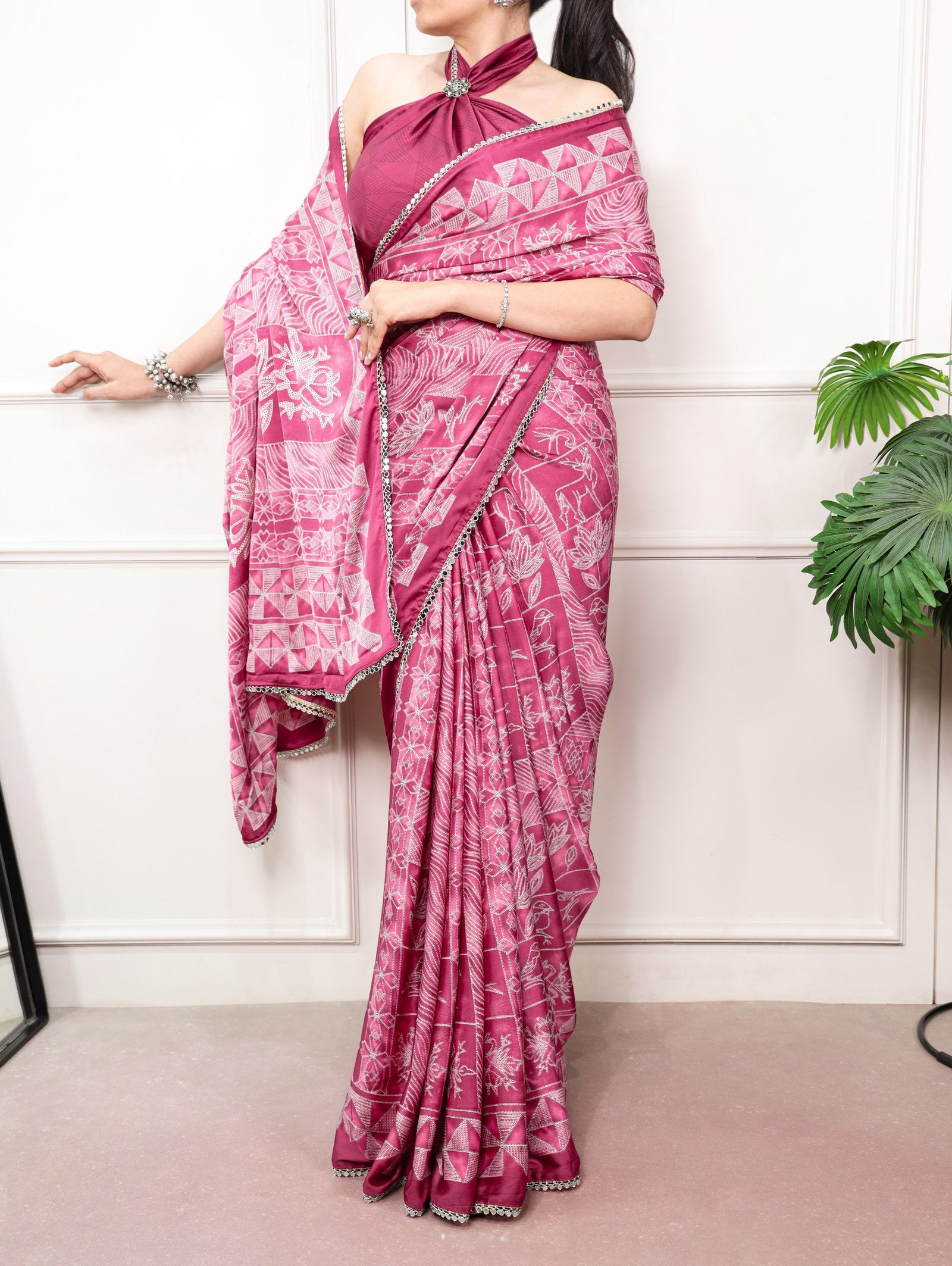 Satin Silk Saree with Mirror Lace Border ClothsVilla