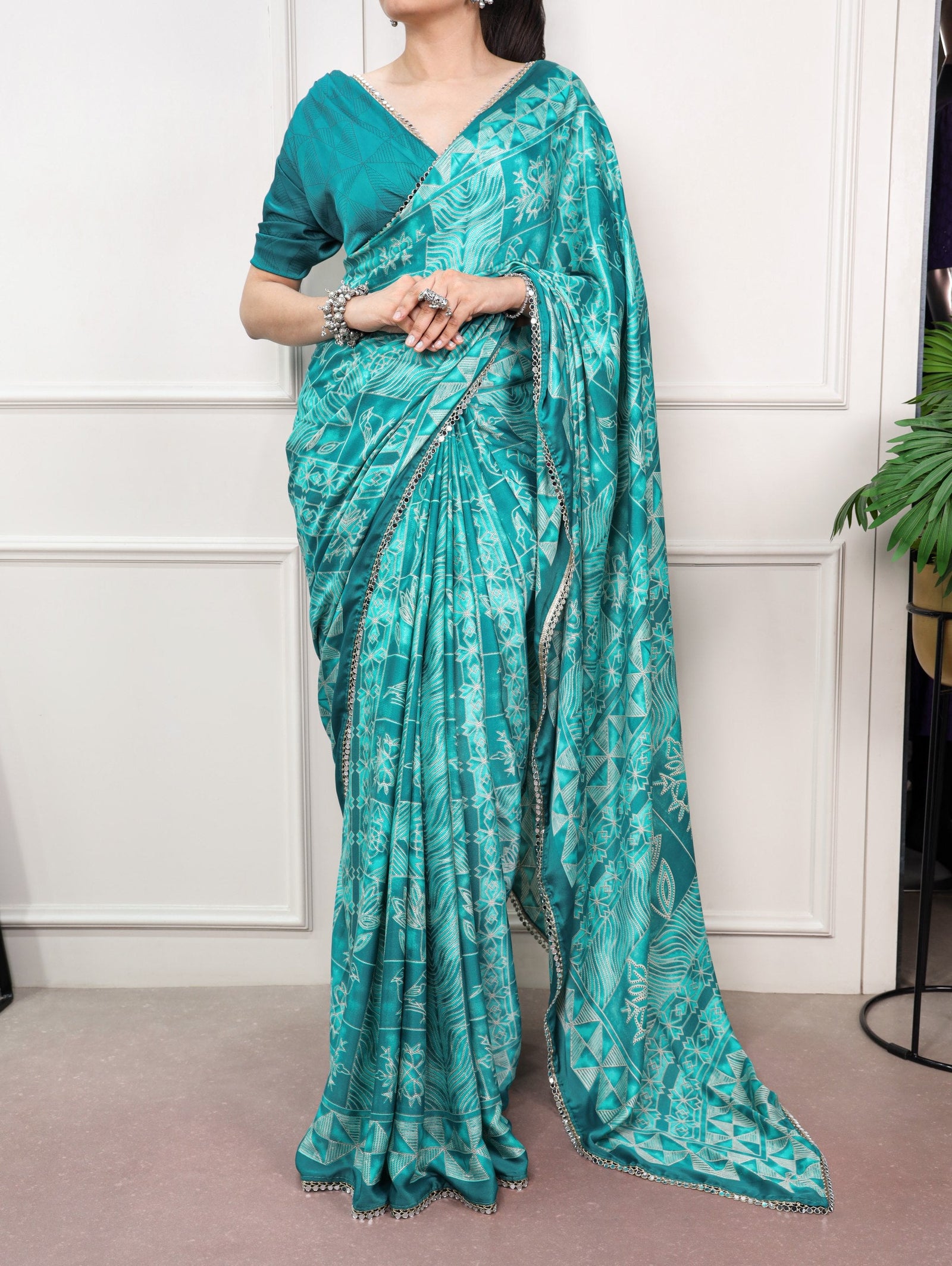 Satin Silk Saree with Mirror Lace Border ClothsVilla