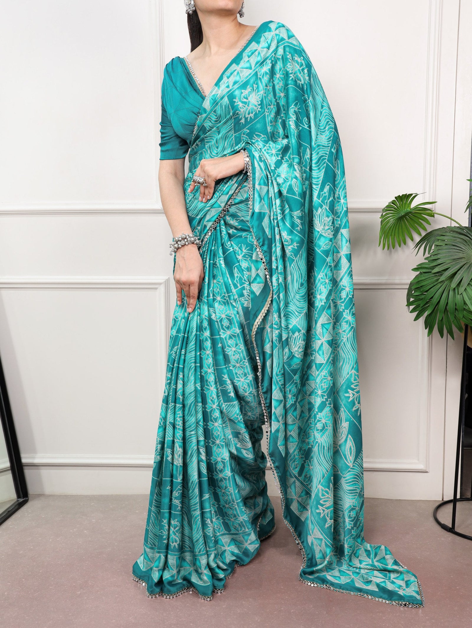 Satin Silk Saree with Mirror Lace Border ClothsVilla