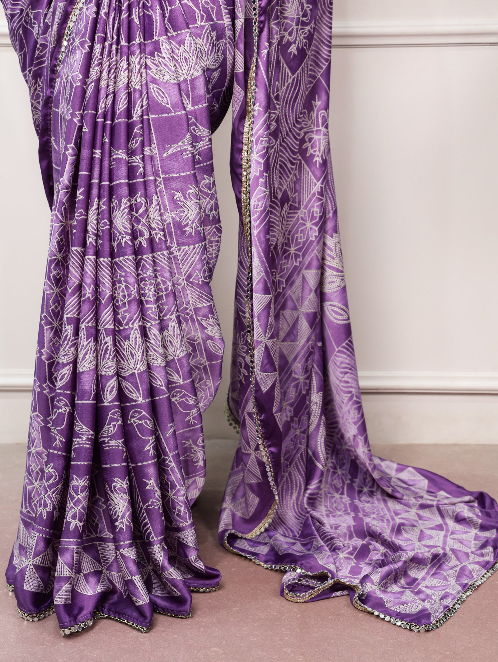 Satin Silk Saree with Mirror Lace Border ClothsVilla