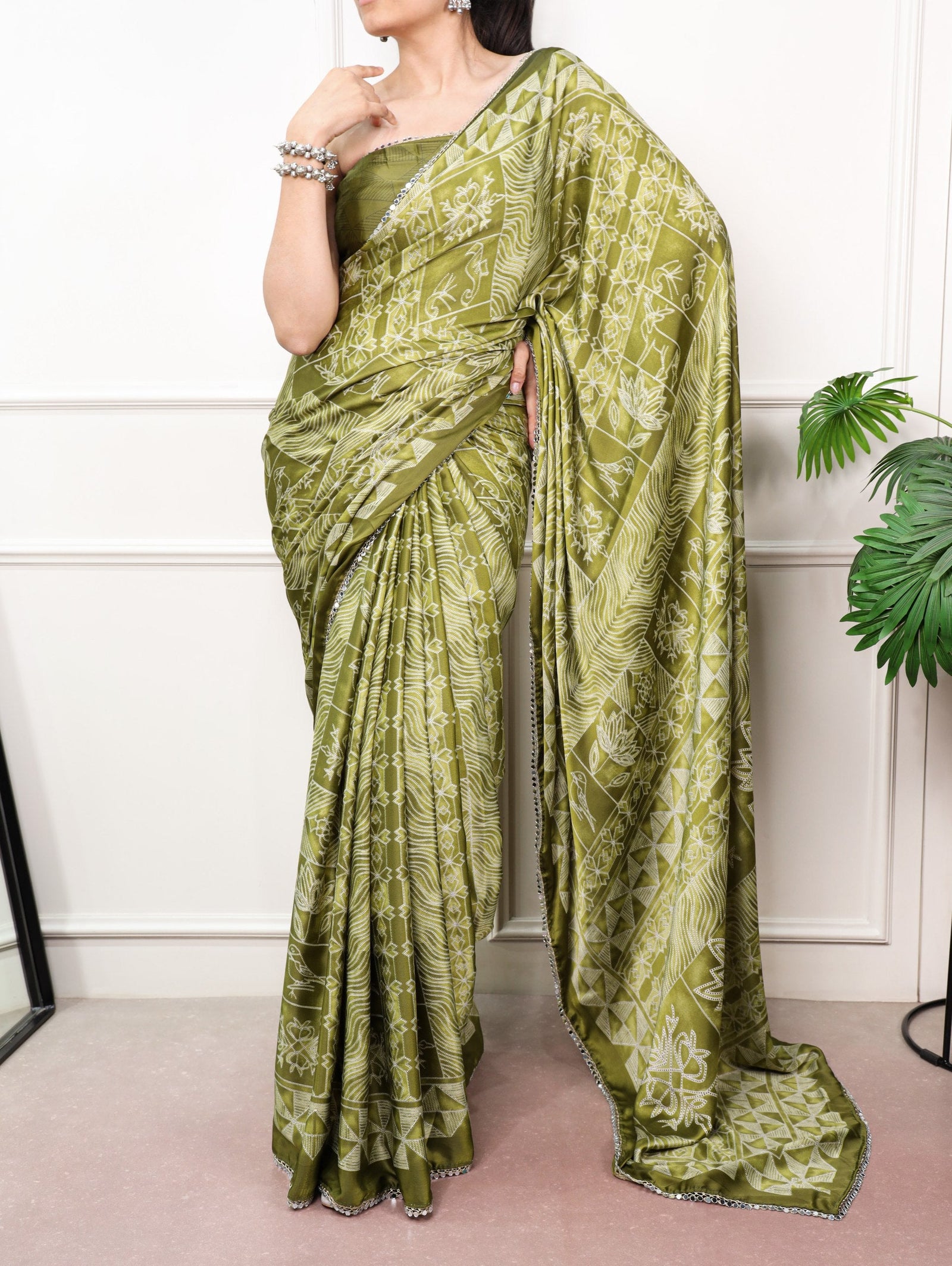 Satin Silk Saree with Mirror Lace Border ClothsVilla