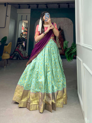 Sea Blue Jacquard Silk Lehenga Choli Set ClothsVilla