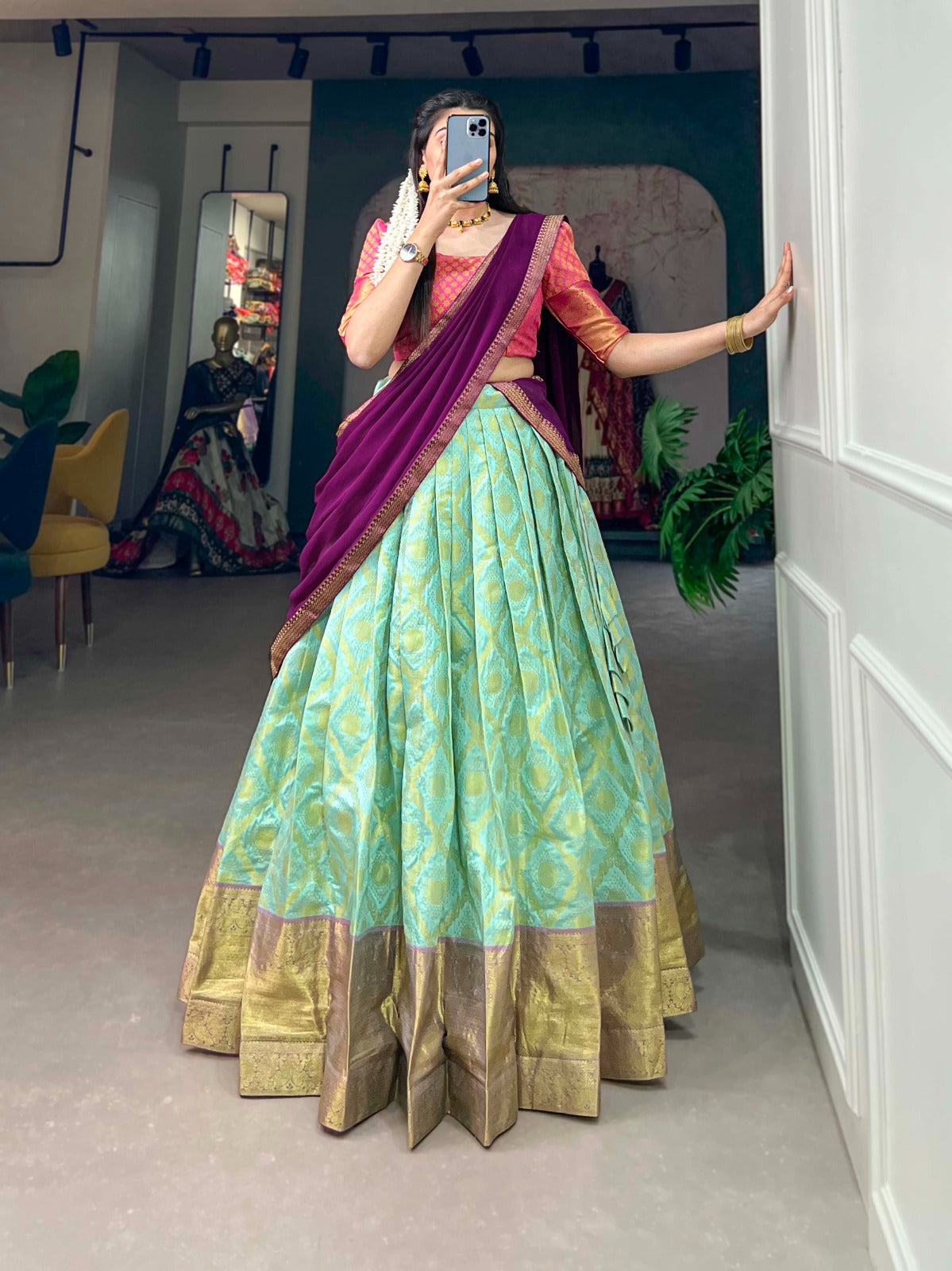 Sea Blue Jacquard Silk Lehenga Choli Set ClothsVilla