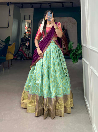 Sea Blue Jacquard Silk Lehenga Choli Set ClothsVilla