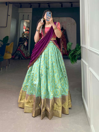 Sea Blue Jacquard Silk Lehenga Choli Set ClothsVilla