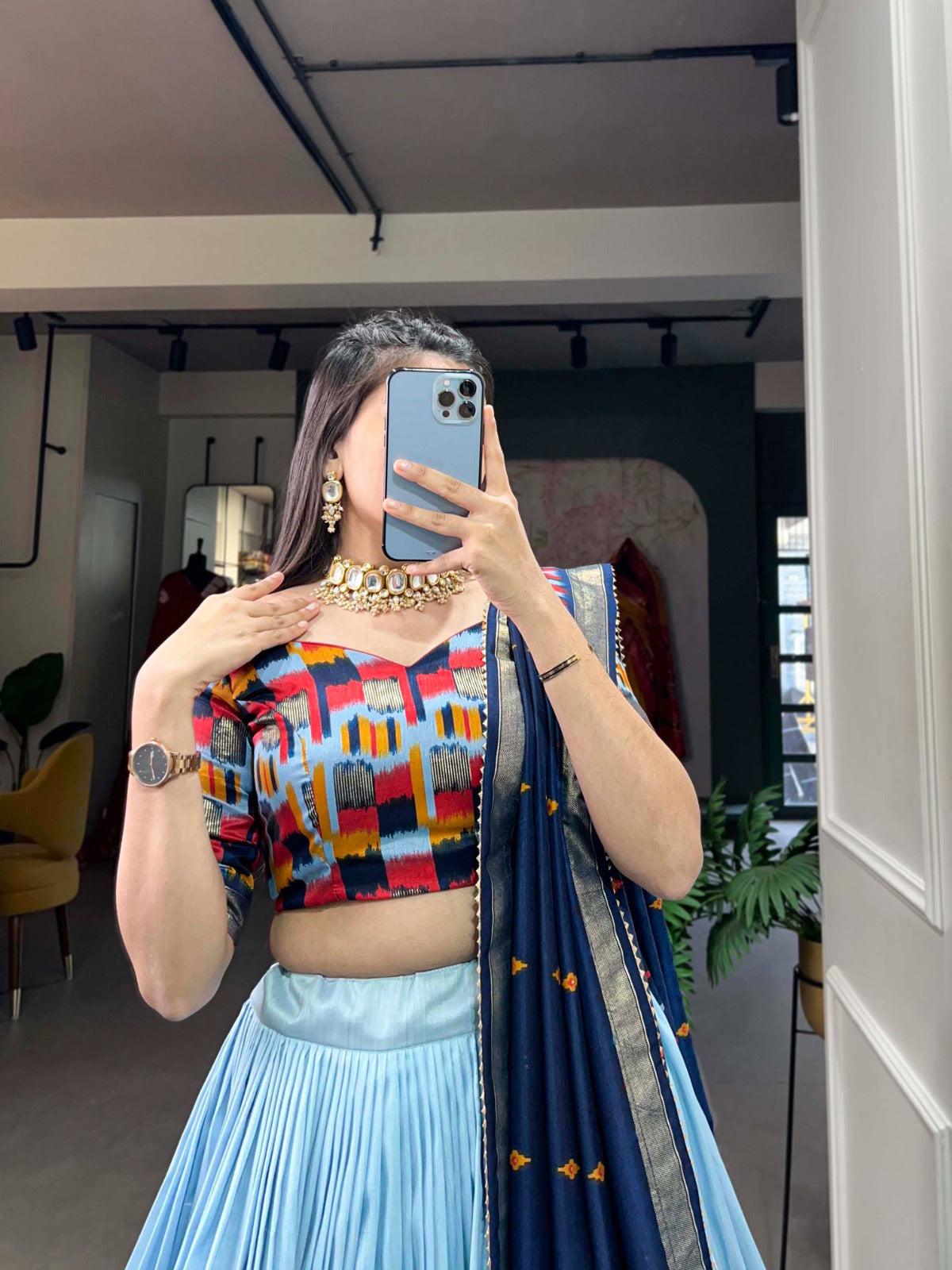 Luxurious Sea Blue Printed Tussar Silk Lehenga Choli with Foil Work - Set of 3 ClothsVilla