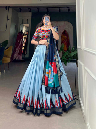 Luxurious Sea Blue Printed Tussar Silk Lehenga Choli with Foil Work - Set of 3 ClothsVilla