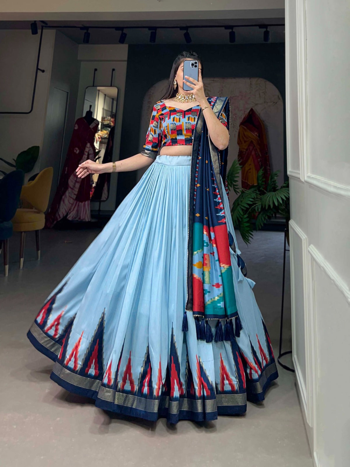 Luxurious Sea Blue Printed Tussar Silk Lehenga Choli with Foil Work - Set of 3 ClothsVilla