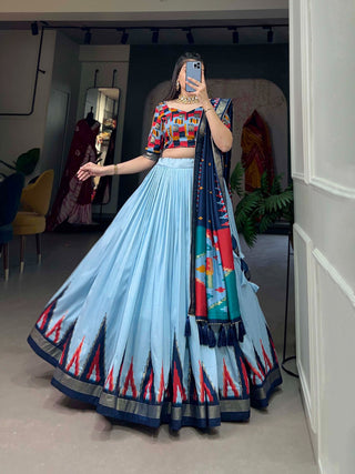Luxurious Sea Blue Printed Tussar Silk Lehenga Choli with Foil Work - Set of 3 ClothsVilla