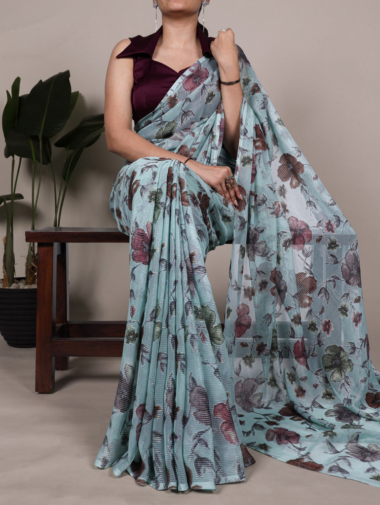 Sea Greeen Elegant Lurex Brasso Saree with Floral Viscose Brasso Work & Silk Blouse Piece ClothsVilla