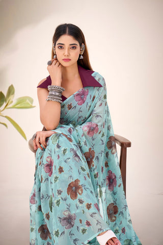 Sea Greeen Elegant Lurex Brasso Saree with Floral Viscose Brasso Work & Silk Blouse Piece ClothsVilla