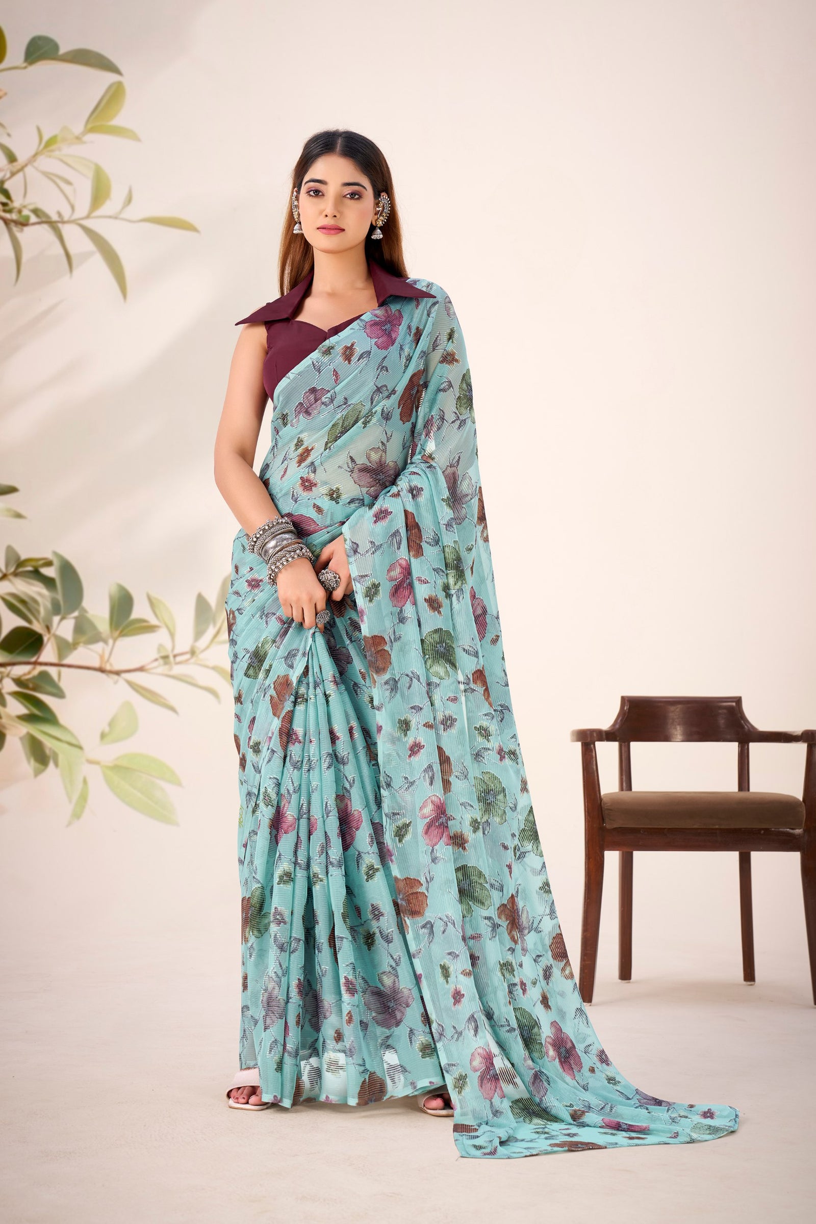 Sea Greeen Elegant Lurex Brasso Saree with Floral Viscose Brasso Work & Silk Blouse Piece