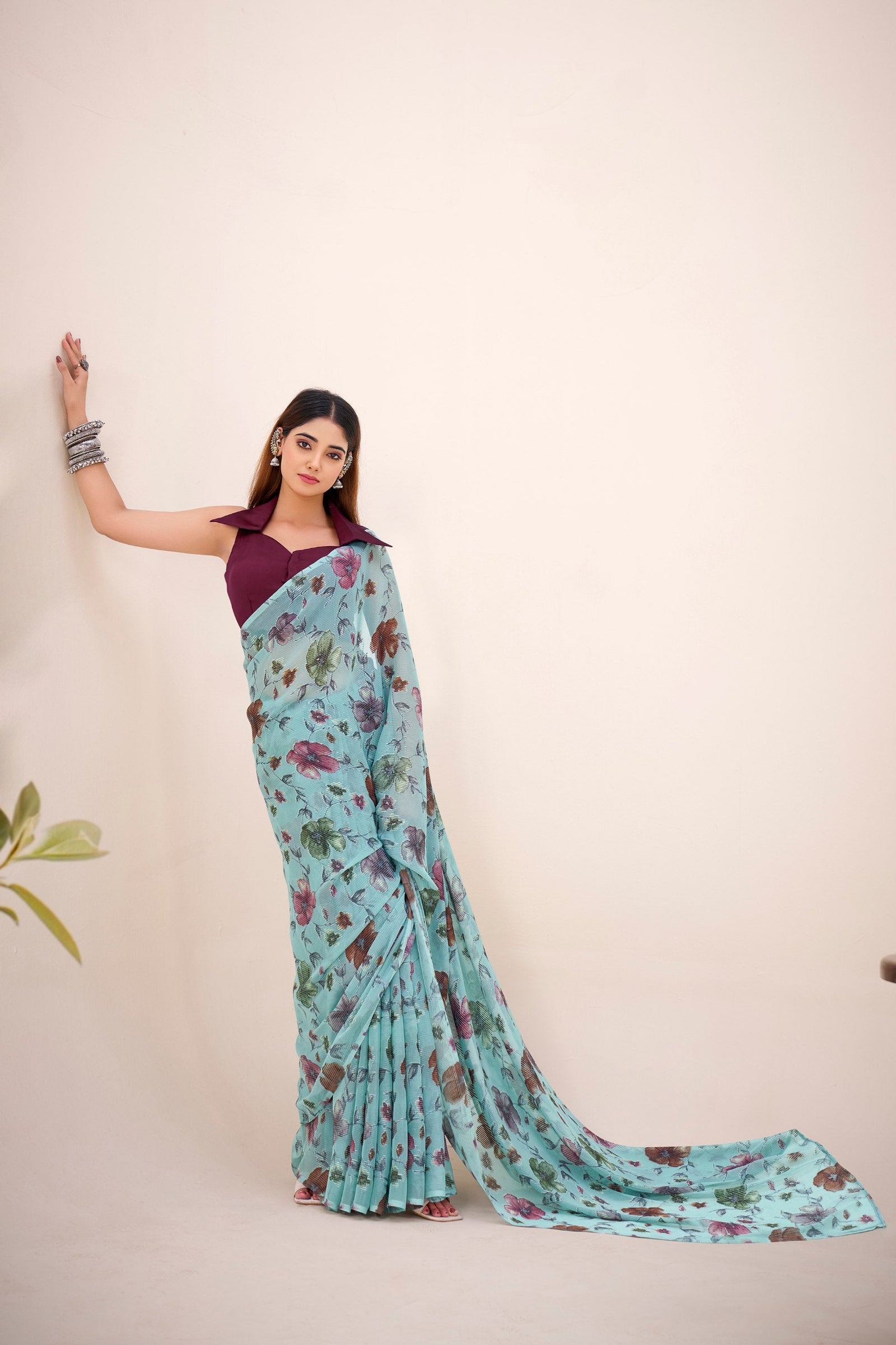Sea Greeen Elegant Lurex Brasso Saree with Floral Viscose Brasso Work & Silk Blouse Piece ClothsVilla