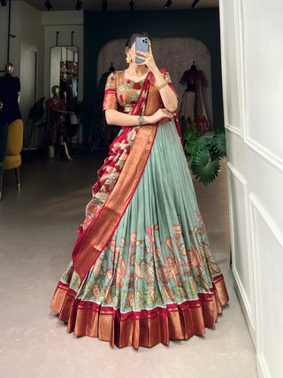 Sea Green Anusha Kalamkari Dola Silk Lehenga Set with Zari Weaving Border